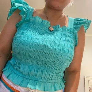 Aqua cotton like new blouse adjustable bow